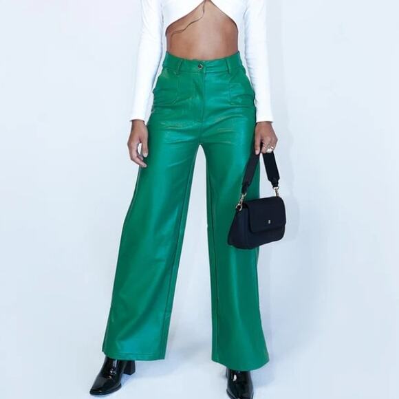 Princess Polly Suki Vegan Green Straight Wide Leg High Waisted Pants Size 4 - Picture 1 of 11